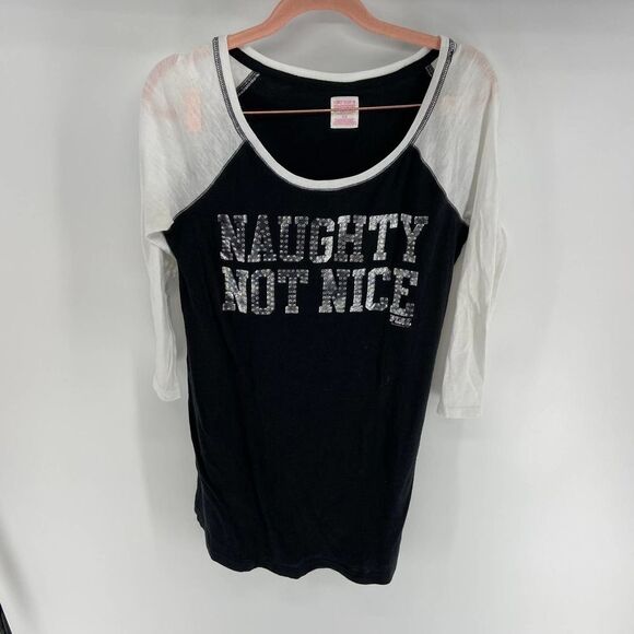 PINK Victoria's Secret Other - PINK Naughty or Nice black white raglan Rhinestone Night shirt womens small